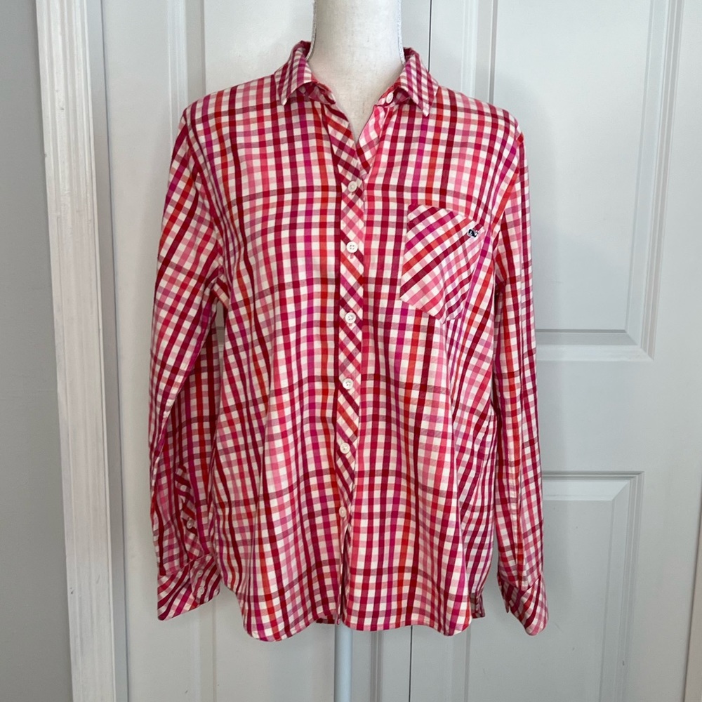 Vineyard Vines Red Pink Gingham Button Up Shirt Cotton Cashmere Fall Holiday